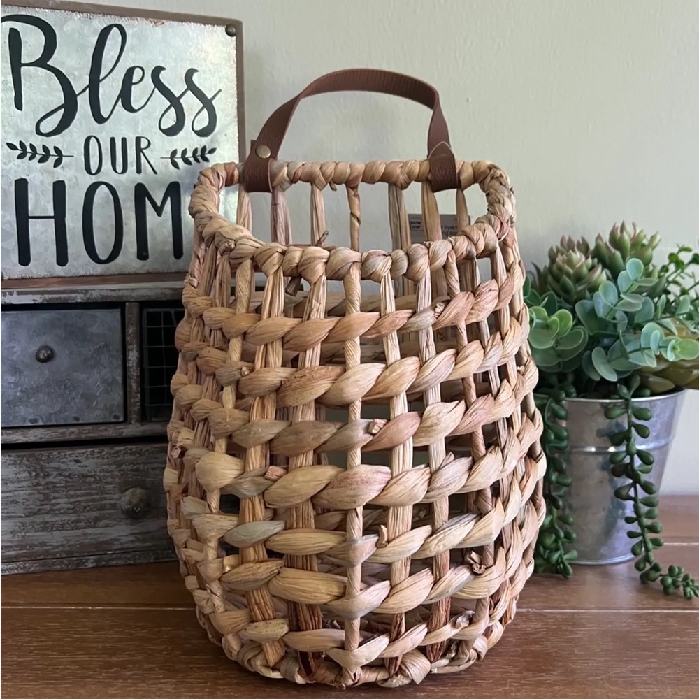 New Farmhouse 10” Water Hyacinth Hanging Basket with Faux Leather Strap